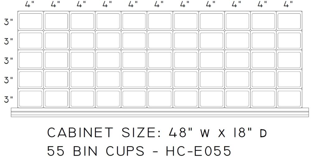 55 Bin Cup Set for 48" x 18" x 3" Face Drawer with 2" inside height (E055)