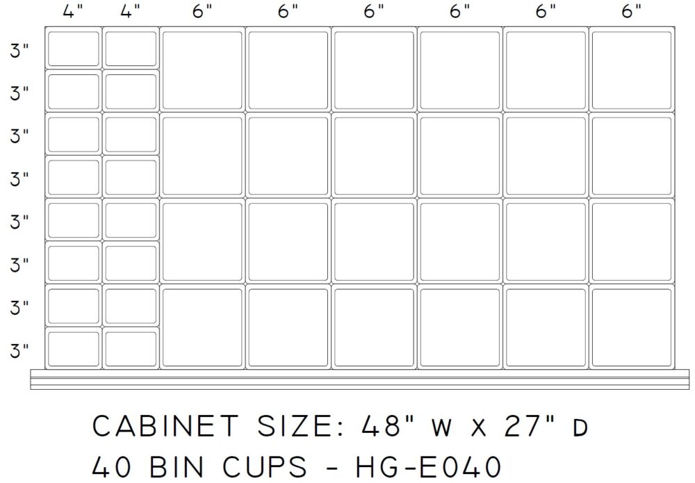 40 Bin Cup Set for 48" x 27" x 3" Face Drawer with 2" inside height (E040)