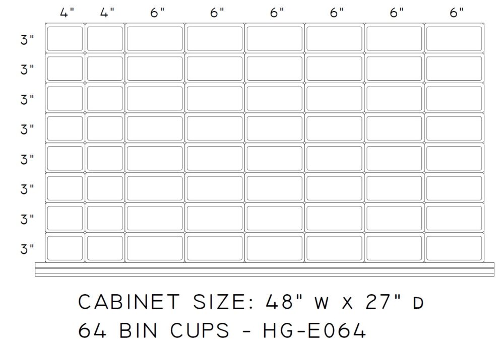 64 Bin Cup Set for 48" x 27" x 3" Face Drawer  with 2" inside height (E064)