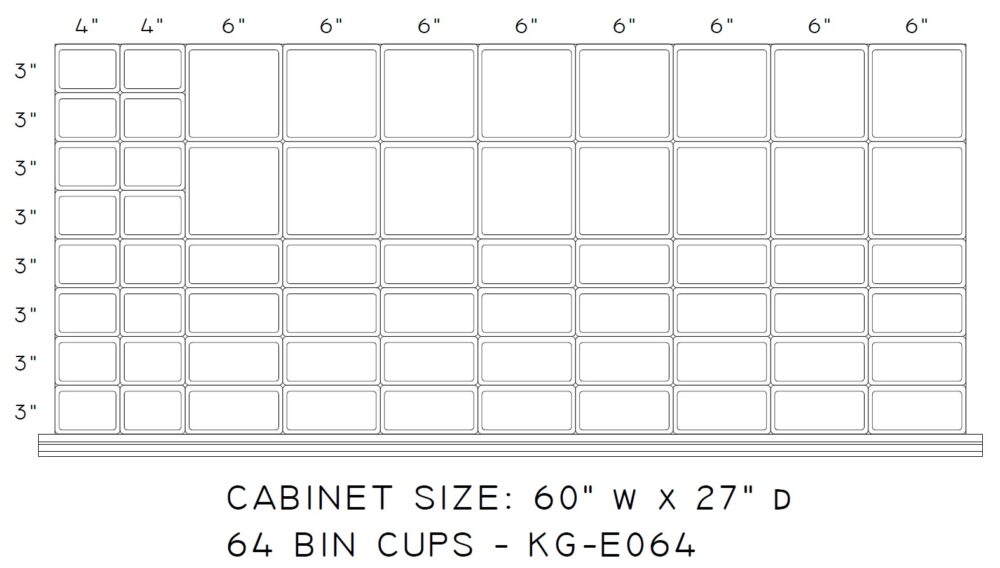 64 Bin Cup Set for 60" x 27" x 4" Face Drawer with 3" inside height (E064)